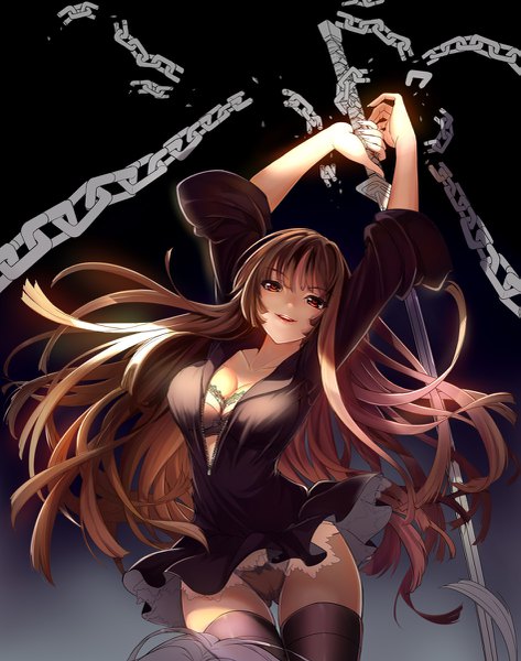 Anime picture 947x1200 with black bullet kinema citrus tendou kisara andy h single long hair tall image looking at viewer breasts open mouth light erotic simple background red eyes brown hair gradient background ass visible through thighs dark background girl thighhighs underwear