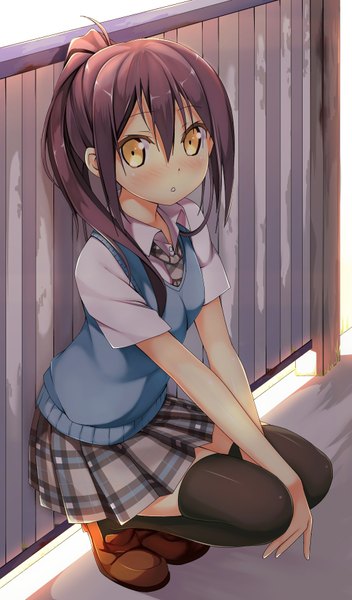 Anime picture 1028x1748 with original kawai (purplrpouni) single long hair tall image looking at viewer blush brown hair yellow eyes kantoku (style) girl thighhighs skirt uniform black thighhighs school uniform vest sweater vest