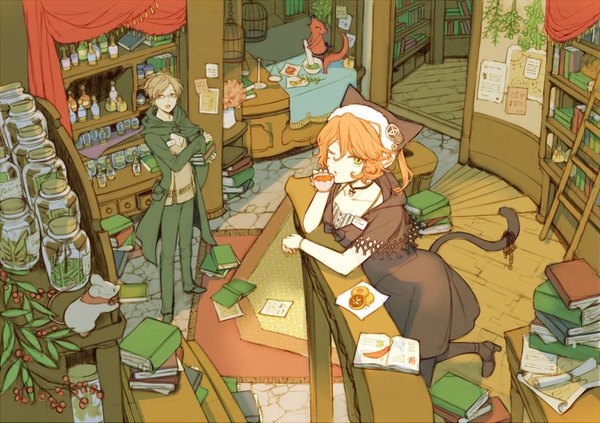 Anime picture 1500x1059 with original kuroyuki looking at viewer fringe short hair hair between eyes brown hair standing animal ears yellow eyes indoors tail animal tail one eye closed from above cat ears orange hair arm support cat girl cat tail