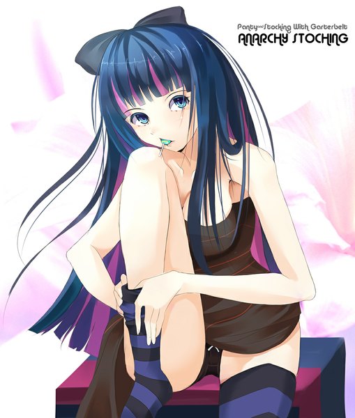 Anime picture 1000x1178 with panty & stocking with garterbelt anarchy stocking single long hair tall image fringe breasts blue eyes light erotic sitting multicolored hair two-tone hair alternate costume mouth hold pantyshot sitting colored inner hair adjusting clothes girl thighhighs hair ornament