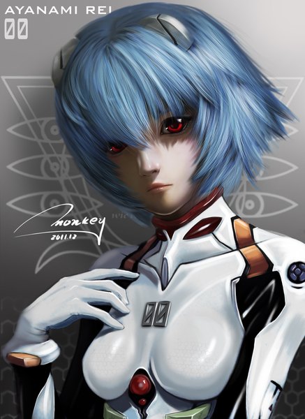 Anime picture 1552x2131 with neon genesis evangelion rebuild of evangelion evangelion: 2.0 you can (not) advance gainax ayanami rei monkey (weibo) single tall image short hair red eyes signed blue hair realistic inscription eyes girl gloves bodysuit pilot suit