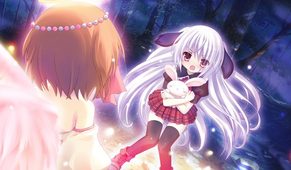 Anime picture 1024x600 with tsukumonotsuki long hair short hair open mouth red eyes brown hair wide image multiple girls animal ears game cg white hair loli girl thighhighs skirt black thighhighs 2 girls miniskirt wings