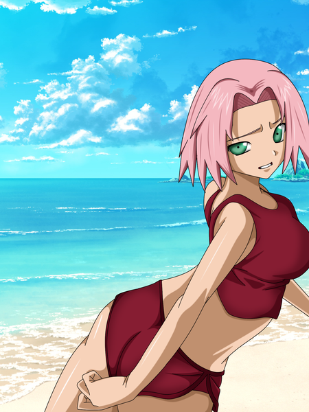 Anime picture 1600x2133 with naruto studio pierrot naruto (series) haruno sakura flowerinhell single tall image short hair light erotic green eyes pink hair cloud (clouds) midriff beach grin girl sea