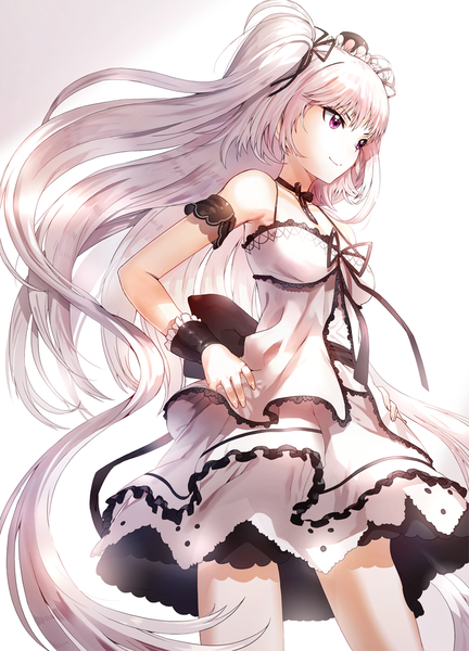 Anime picture 813x1130 with original kfr single long hair tall image fringe smile standing twintails bare shoulders looking away white hair pink eyes girl dress hair ornament ribbon (ribbons) hair ribbon choker crown
