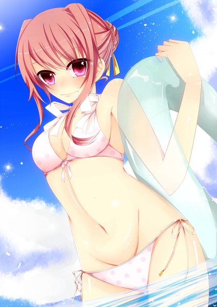 Anime picture 867x1227 with original bloodcatblack (tsukiko) single long hair tall image looking at viewer blush breasts light erotic pink hair sky cloud (clouds) pink eyes girl navel swimsuit bikini