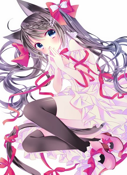 Anime picture 960x1320 with puu (kari---ume) single long hair tall image looking at viewer blush fringe blue eyes black hair simple background white background animal ears purple hair bent knee (knees) tail lying nail polish animal tail multicolored hair cat ears