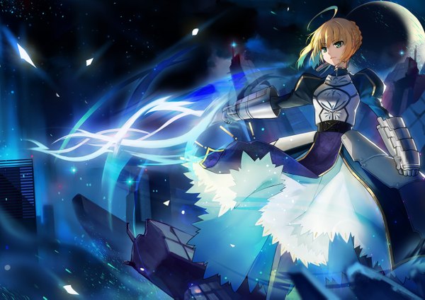 Anime picture 2960x2093 with fate (series) fate/stay night type-moon artoria pendragon (all) saber tsubasa19900920 single fringe highres short hair blonde hair green eyes looking away ahoge outstretched arm crescent girl armor building (buildings) moon