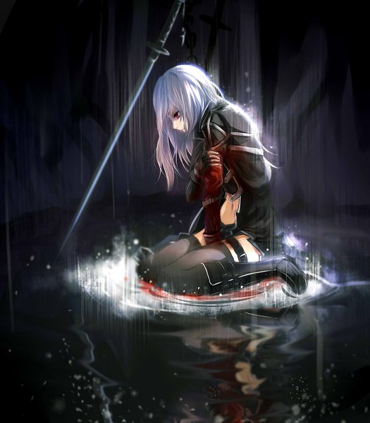 Anime picture 1684x1924 with original kuroduki (pieat) single long hair tall image fringe red eyes sitting purple hair profile bare belly wet zettai ryouiki wariza rain bleeding girl thighhighs gloves navel