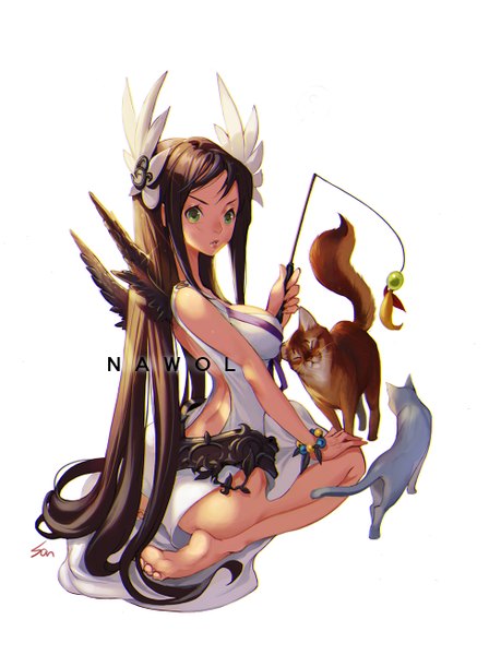 Anime picture 1000x1306 with original nawol single long hair tall image fringe breasts simple background brown hair white background sitting holding green eyes looking away ass barefoot bare legs legs girl hair ornament
