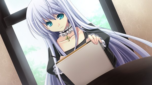 Anime picture 1280x720 with end sleep single long hair blue eyes wide image game cg silver hair girl dress frills cross sketchbook