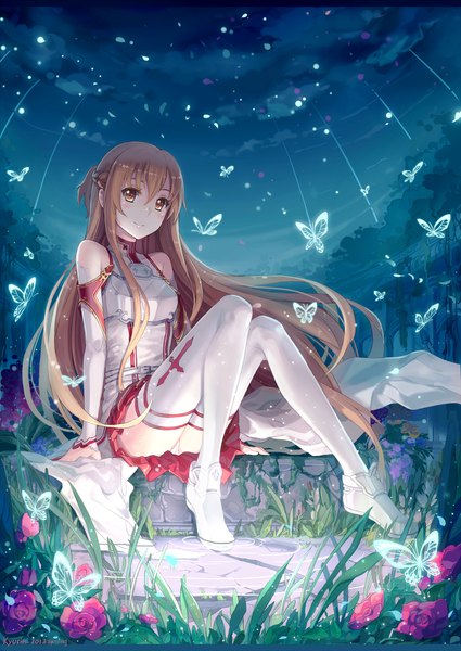 Anime picture 1000x1413 with sword art online a-1 pictures yuuki asuna kyurin (sunnydelight) single long hair tall image blush light erotic brown hair sitting bare shoulders brown eyes cloud (clouds) night pantyshot sitting girl thighhighs skirt flower (flowers)