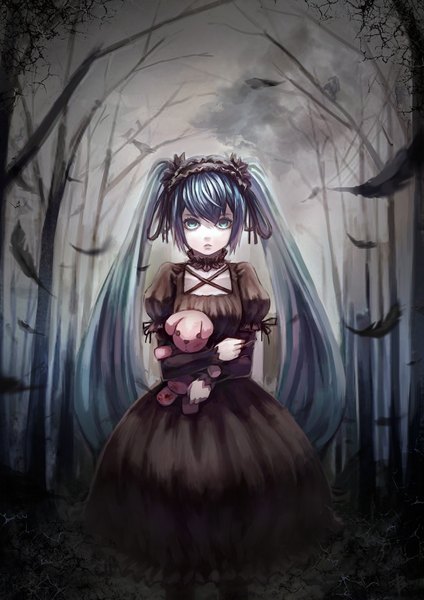 Anime picture 1200x1697 with vocaloid hatsune miku bryanth single long hair tall image twintails blue hair aqua eyes goth-loli girl dress plant (plants) tree (trees) black dress blood toy stuffed animal teddy bear