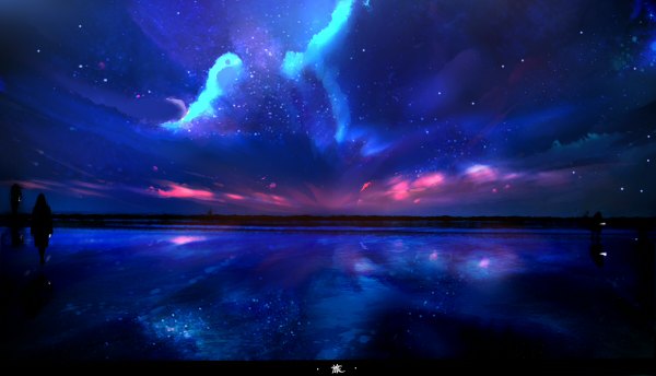 Anime picture 1200x688 with original yuuko wide image standing sky cloud (clouds) horizon landscape scenic silhouette star (stars)