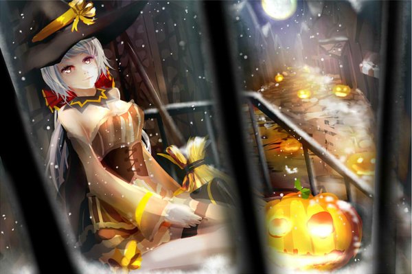 Anime picture 1008x671 with original ted (taiwan) single long hair looking at viewer breasts smile sitting bare shoulders light smile glowing snowing winter snow halloween glowing eye (eyes) glow girl dress hat