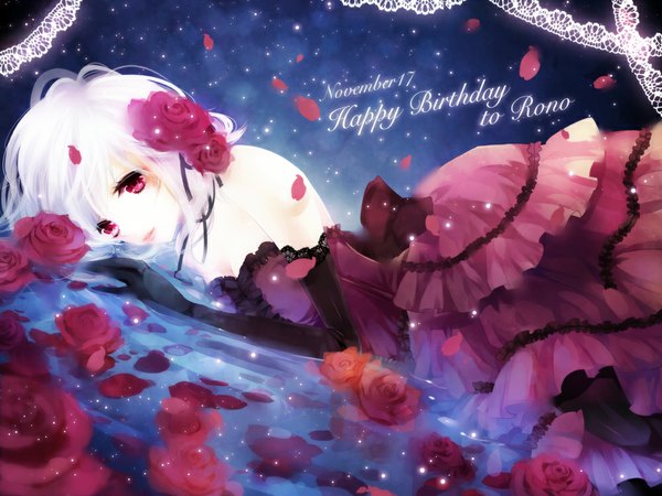 Anime picture 1000x750 with original rachel entichers yuukichi single looking at viewer short hair bare shoulders white hair lying pink eyes hair flower inscription happy birthday girl dress gloves hair ornament flower (flowers) petals elbow gloves