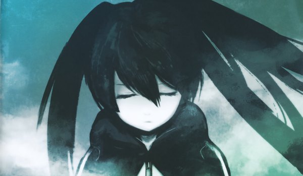 Anime picture 3021x1760 with black rock shooter black rock shooter (character) huke single long hair highres black hair wide image twintails eyes closed scan face girl jacket
