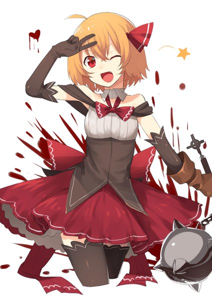 Anime picture 1200x1697 with touhou rumia sh (562835932) single tall image looking at viewer fringe short hair open mouth blonde hair simple background smile hair between eyes red eyes white background holding ahoge one eye closed fang (fangs) alternate costume