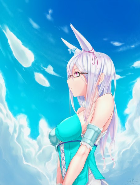 Anime picture 1503x1980 with chain chronicle sega shijiu (adamhutt) single long hair tall image breasts bare shoulders animal ears looking away sky cloud (clouds) white hair profile pink eyes girl glasses