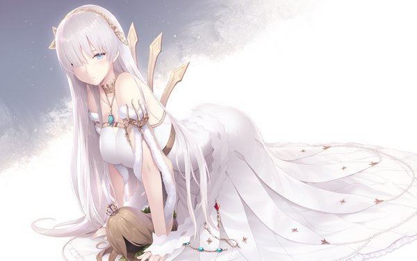 Anime picture 1920x1200 with fate (series) fate/grand order anastasia (fate) viy (fate) cait single long hair looking at viewer blush fringe highres breasts blue eyes simple background bare shoulders silver hair hair over one eye on all fours girl dress