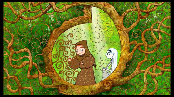 Anime picture 2000x1125 with the secret of kells brendan aisling (the secret of kells) long hair highres short hair blue eyes wide image sitting green eyes white hair profile sunlight orange hair wallpaper sunbeam girl boy plant (plants) hood