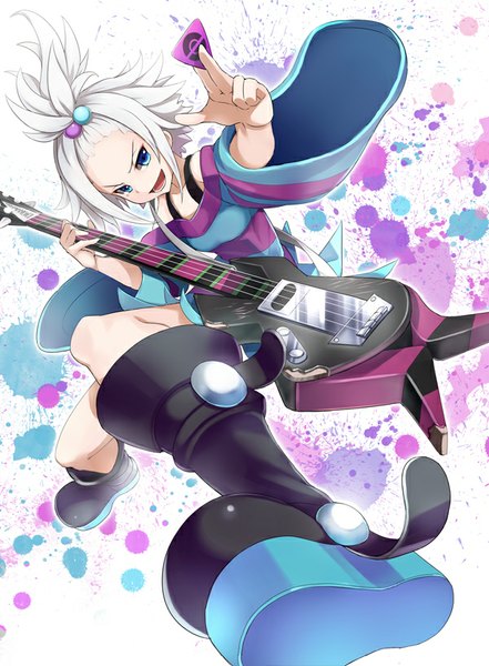 Anime picture 600x816 with pokemon pokemon black and white nintendo roxie (pokemon) mirai denki single tall image looking at viewer short hair open mouth blue eyes white hair ponytail wide sleeves striped girl hair ornament knee boots hair tie guitar