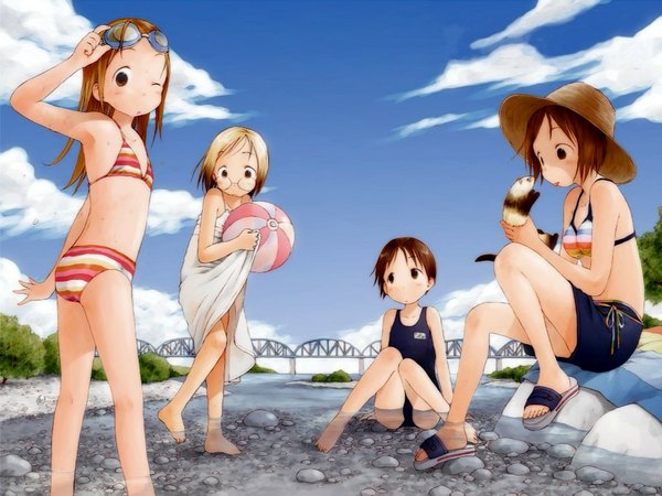 Anime picture 1024x768 with ichigo mashimaro matsuoka miu itou chika sakuragi matsuri itou nobue barasui long hair looking at viewer short hair blonde hair brown hair multiple girls brown eyes cloud (clouds) one eye closed barefoot wink river goggles on head girl