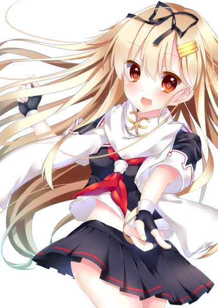 Anime picture 2893x4092 with kantai collection yuudachi destroyer saijou haruki single long hair tall image blush highres open mouth simple background blonde hair white background pleated skirt orange eyes pointing remodel (kantai collection) girl skirt gloves hair ornament