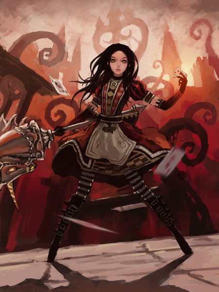 Anime picture 960x1280 with american mcgee's alice (game) alice: madness returns alice (american mcgee's) gjred single long hair tall image black hair standing green eyes girl dress gloves weapon pantyhose boots pendant thigh boots apron card (cards)