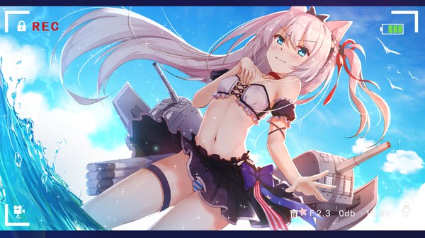 Anime picture 960x540 with azur lane hammann (azur lane) byakuya reki single long hair looking at viewer blush fringe blue eyes light erotic hair between eyes wide image bare shoulders animal ears sky cloud (clouds) white hair wind cat ears from below