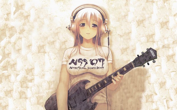 Anime picture 1920x1200 with nitroplus super sonico tsuji santa single long hair looking at viewer blush highres light erotic smile wide image pink hair pink eyes grey background erect nipples covered nipples girl headphones t-shirt musical instrument