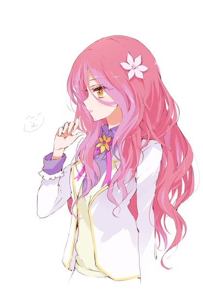 Anime picture 2147x3073 with aikatsu! aikatsu stars! elza forte nghrstst single long hair tall image highres simple background white background brown eyes looking away pink hair upper body profile hair flower wavy hair girl flower (flowers)