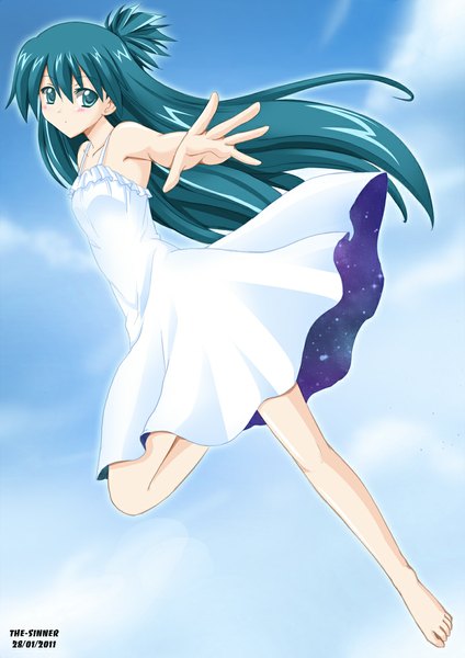 Anime picture 800x1131 with the-sinner single long hair tall image blush looking away sky cloud (clouds) aqua eyes aqua hair girl dress white dress