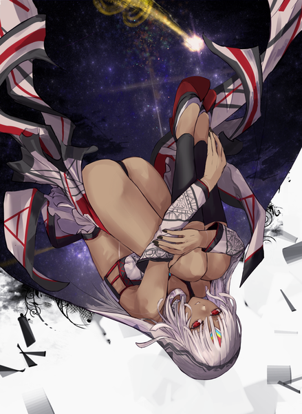 Anime picture 1097x1500 with fate (series) fate/grand order altera (fate) eisuto single tall image looking at viewer short hair light erotic red eyes silver hair full body parted lips light smile night teeth night sky dark skin upside down shooting star