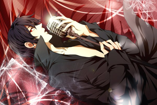 Anime picture 1455x970 with vocaloid vy2 minudo single looking at viewer short hair open mouth black hair red eyes lying open clothes open shirt boy microphone