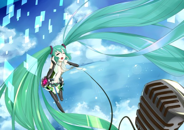 Anime picture 2717x1926 with vocaloid vocaloid append hatsune miku hatsune miku (append) rio kawa single highres breasts open mouth light erotic twintails sky cloud (clouds) very long hair one eye closed aqua eyes wink aqua hair open clothes open shirt