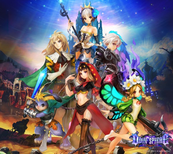 Anime picture 2160x1920 with odin sphere vanillaware gwendolyn mercedes (odin sphere) velvet (odin sphere) oswald cornelius kamitani george long hair tall image looking at viewer fringe highres short hair blonde hair red eyes purple eyes bare shoulders multiple girls brown eyes