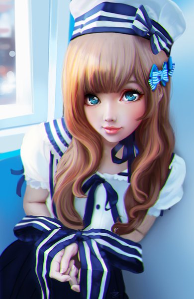 Anime picture 1024x1572 with original lemon cat single long hair tall image looking at viewer blush fringe blue eyes blonde hair smile upper body blunt bangs lips realistic lipstick portrait striped pink lipstick makeup