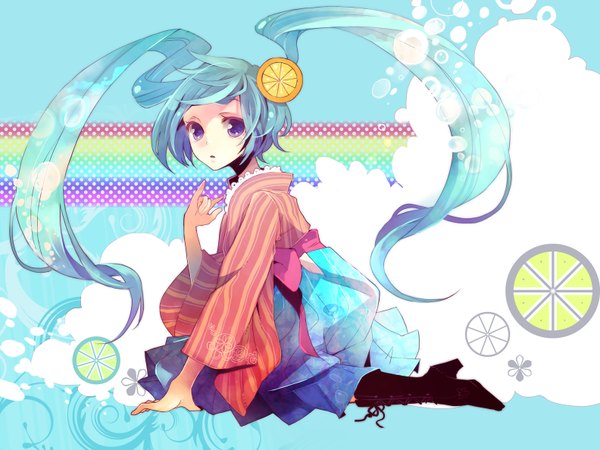 Anime picture 1584x1188 with vocaloid hatsune miku musou yuchi single long hair purple eyes twintails aqua hair girl boots orange (fruit)