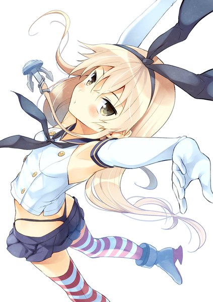 Anime picture 705x1000 with kantai collection shimakaze destroyer komi zumiko single long hair tall image blush simple background white background brown eyes white hair girl thighhighs gloves bow hair bow miniskirt elbow gloves striped thighhighs