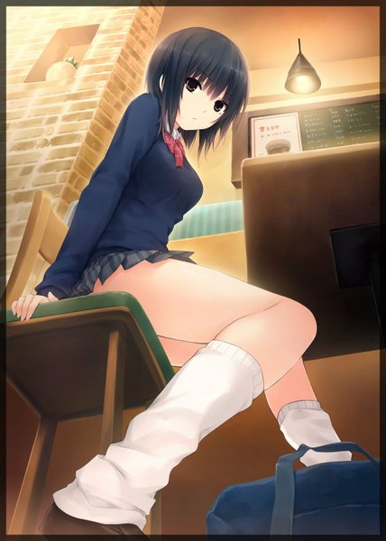 Anime picture 1058x1482 with original aoyama sumika coffee-kizoku single tall image looking at viewer short hair black hair brown eyes girl skirt uniform school uniform miniskirt socks gaiters