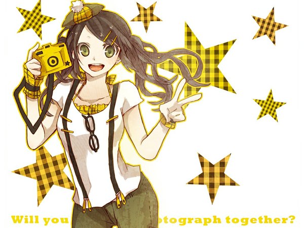 Anime picture 1024x768 with original buzz single long hair looking at viewer open mouth smile brown hair twintails green eyes text victory english plaid eyewear removed girl hat glasses hairclip star (symbol)