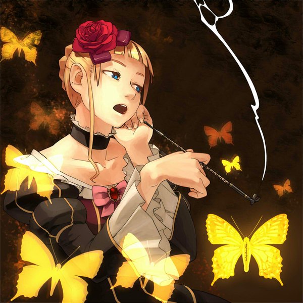 Anime picture 1033x1033 with umineko no naku koro ni beatrice shihou (g-o-s) open mouth blue eyes blonde hair simple background hair flower smoke brown background girl dress hair ornament insect butterfly pipe kiseru