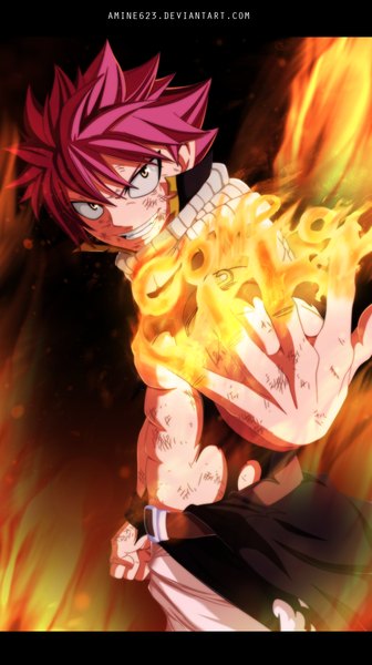 Anime picture 1206x2154 with fairy tail natsu dragneel ironizer amine623 single tall image short hair smile yellow eyes pink hair grin coloring torn clothes magic muscle boy scarf fire wristlet fist