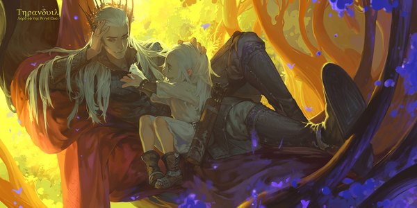 Anime picture 1417x709 with lord of the rings the hobbit legolas thranduil hunsay long hair blue eyes wide image sitting white hair sunlight inscription multiple boys hieroglyph elf hand on head fantasy father and son boy plant (plants)