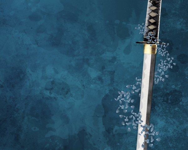 Anime picture 1280x1024 with wallpaper blue background weapon petals sword