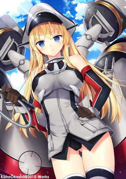 Anime picture 1000x1414 with kantai collection bismarck battleship kaho okashii single long hair tall image looking at viewer blush breasts blue eyes light erotic blonde hair large breasts standing sky cloud (clouds) outdoors sunlight pantyshot hand on hip