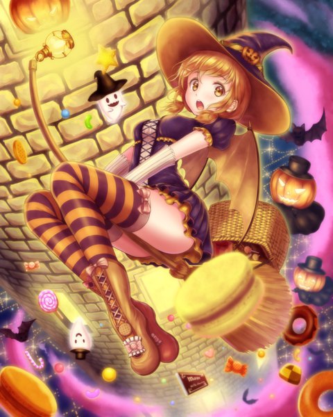 Anime picture 1000x1250 with original alba (little witches) single tall image blush short hair open mouth light erotic blonde hair twintails yellow eyes looking away bent knee (knees) low twintails halloween flying lacing bat wings ghost broom riding