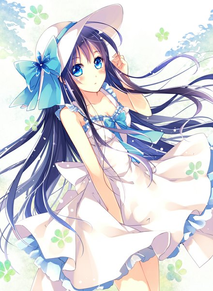 Anime picture 715x974 with original mochizuki shiina single long hair tall image looking at viewer blush blue eyes black hair bare shoulders girl dress bow hat