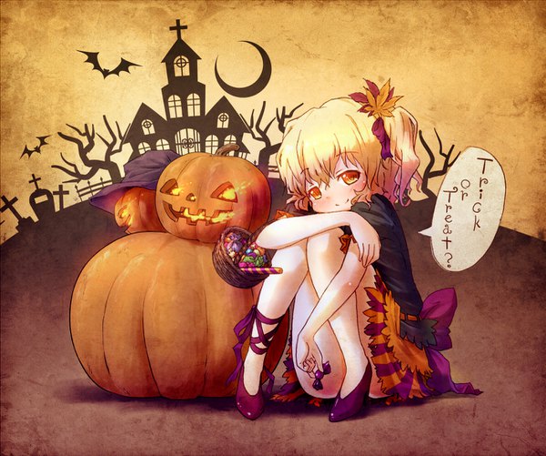 Anime picture 1303x1090 with touhou aki shizuha arinu single looking at viewer blush short hair light erotic blonde hair smile full body bare legs orange eyes high heels alternate costume side ponytail alternate hairstyle halloween crescent silhouette