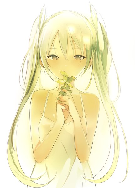 Anime picture 700x974 with vocaloid hatsune miku lpip long hair tall image looking at viewer fringe simple background hair between eyes standing white background twintails bare shoulders holding green eyes green hair lens flare polychromatic flower (flowers) chemise